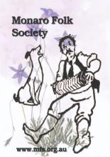 stylised man playing concertina and dog howling
